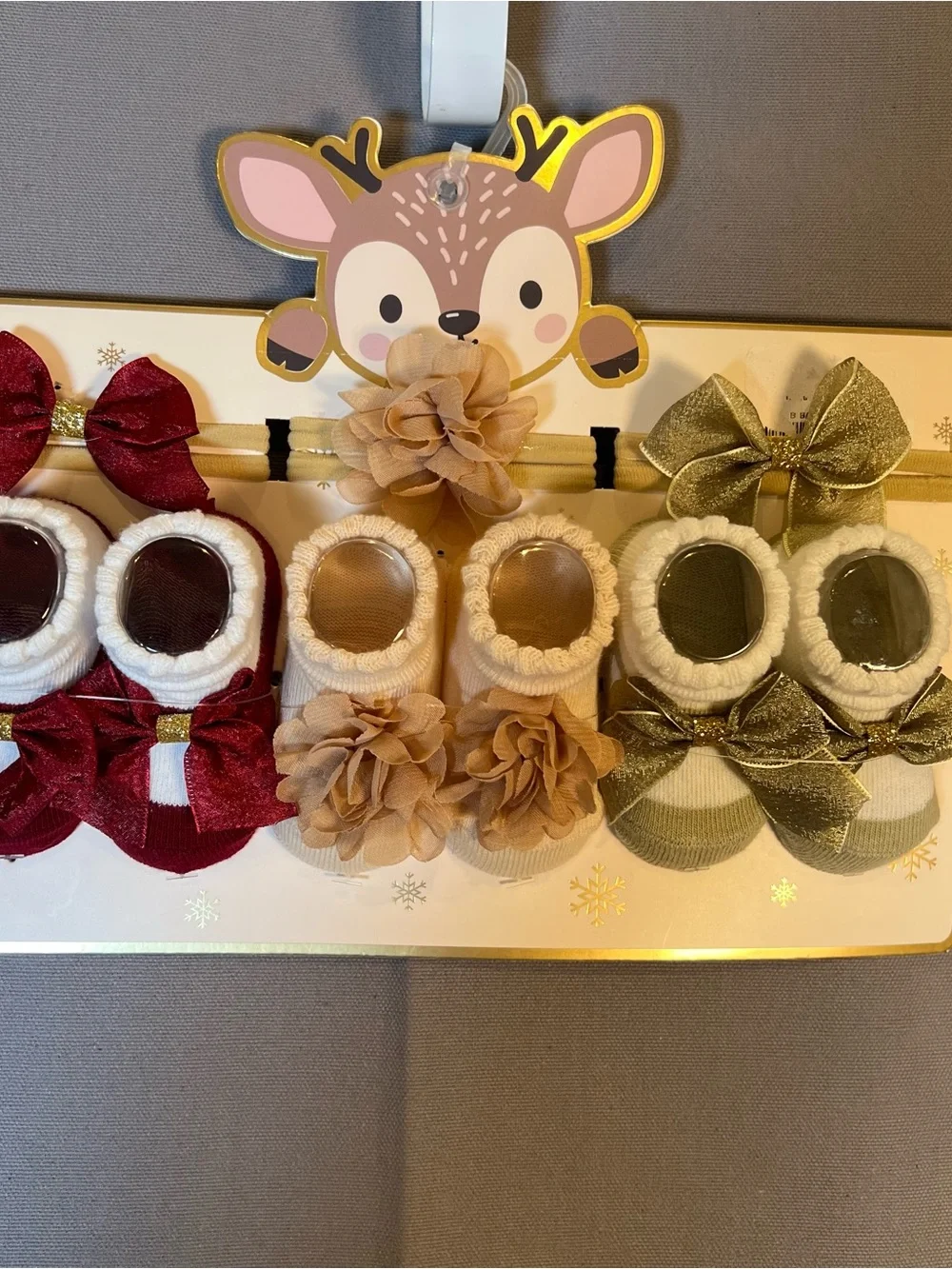 Baby Girls Bow & Flower Knit Socks & Headband 6 Piece Set - Red, Beige, Gold